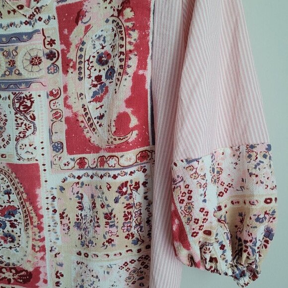 Flamingo Pink Striped Paisley Floral Print Puff Short Sleeve V-Neck Top - Picture 4 of 10